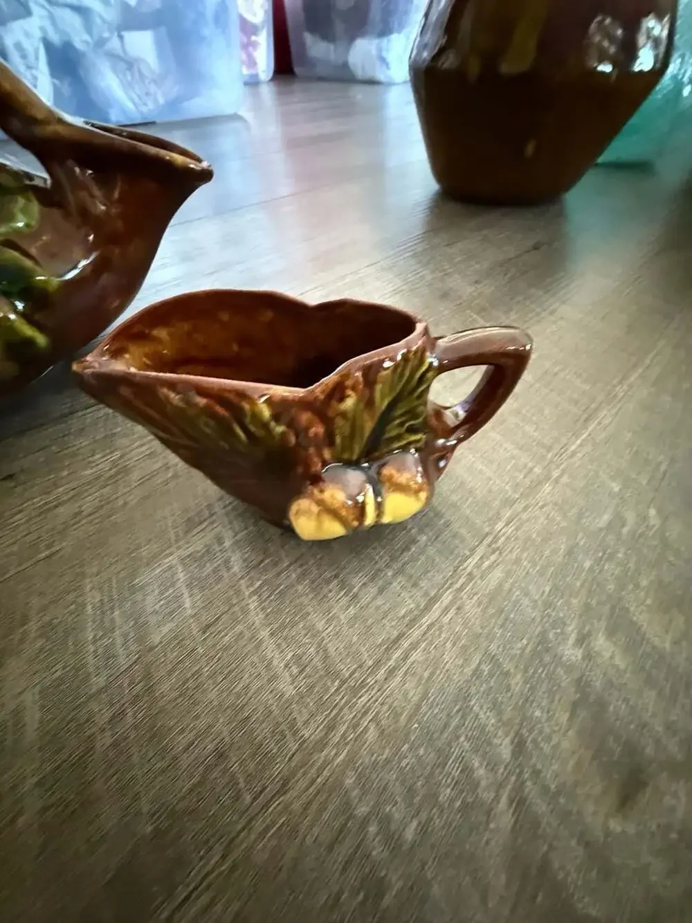 VTG MCM Ceramic Acorn Motif Teapot and Creamer Set
